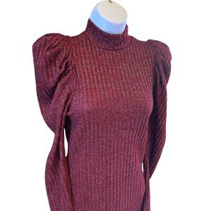 Haute Monde Maroon Shimmer Puff Sleeve Mock Neck Ribbed Bodycon Dress Size Small